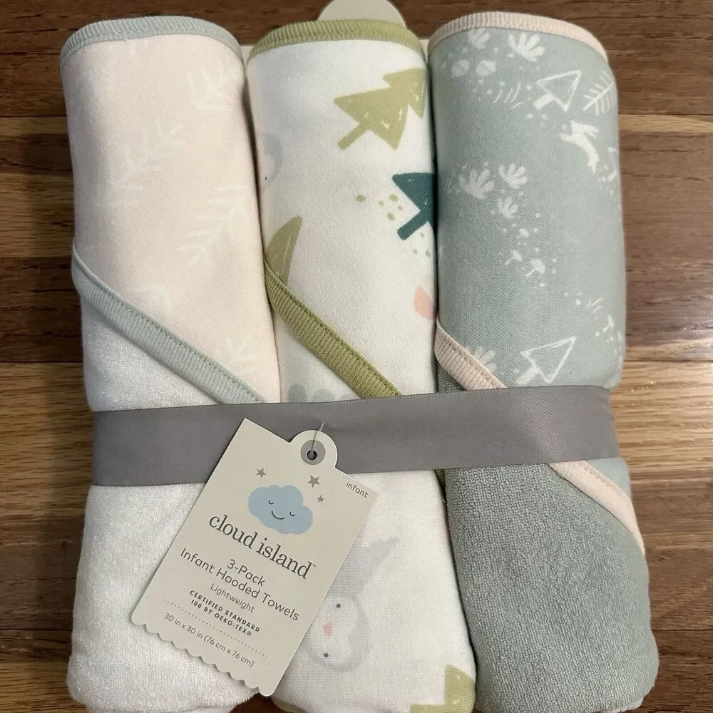 NEW!! Cloud Island Infant Hooded Bath Towels, BUNDLE (3pk), Woodland Theme